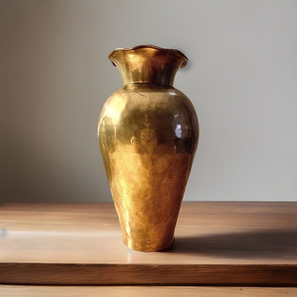 Vintage Solid Brass Hammered Vase Scalloped Ruffled Rim Hollywood Regency Urn